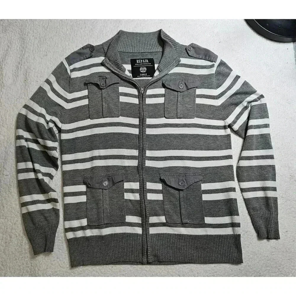 Repair Design Under Construction Knit Gray Stripe Zip Up Sweater Mens Size L